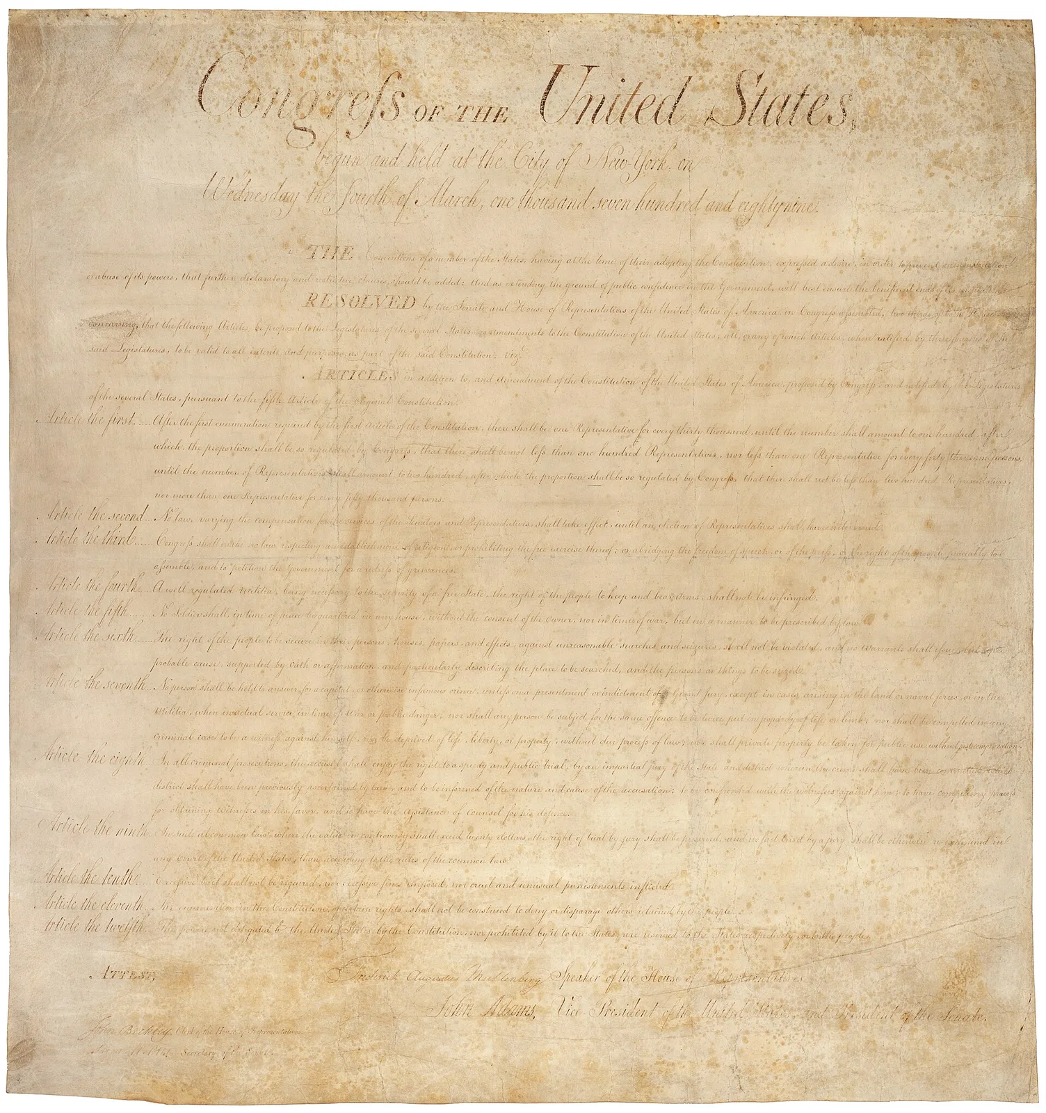 The handwritten Bill of Rights — the first ten amendments to the Constitution.
