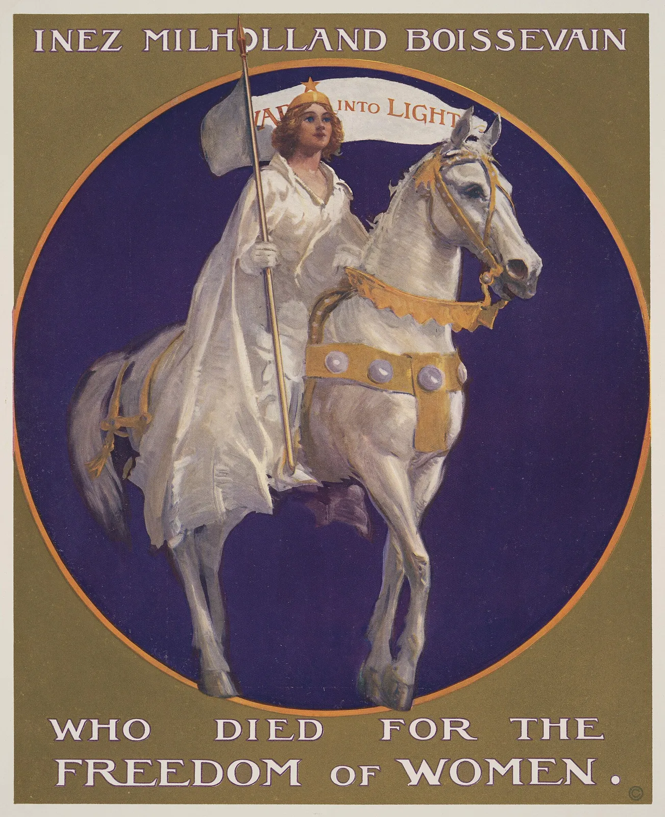 A 1913 suffrage poster of Inez Milholland riding a white horse, leading the march for women’s vote.